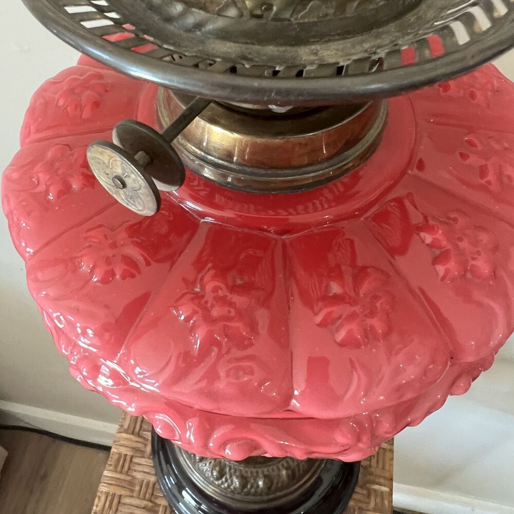 Antique Victorian Pink Cranberry Milk Glass Oil Lantern Electric Parlor Lamp - Picture 9 of 14